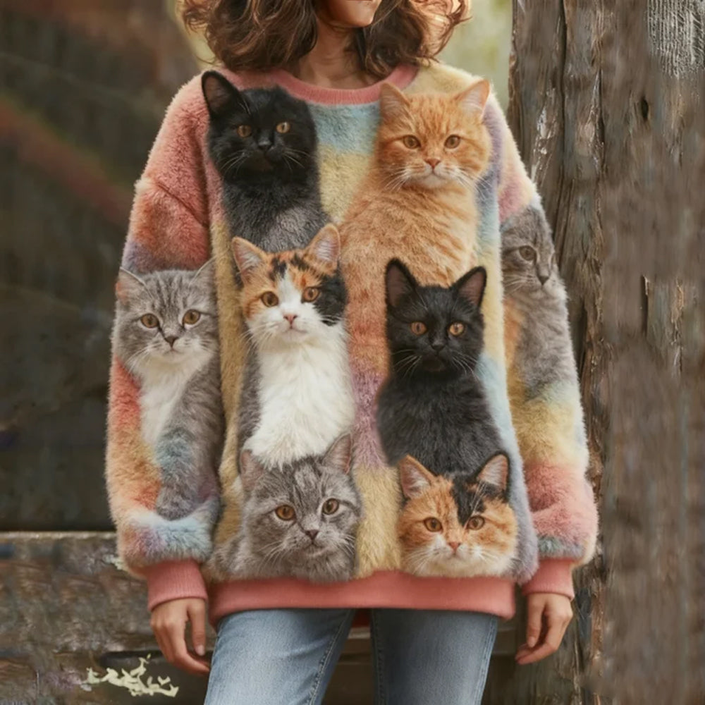 Comstylish Probe Cat Flannel Round Neck Hoodie