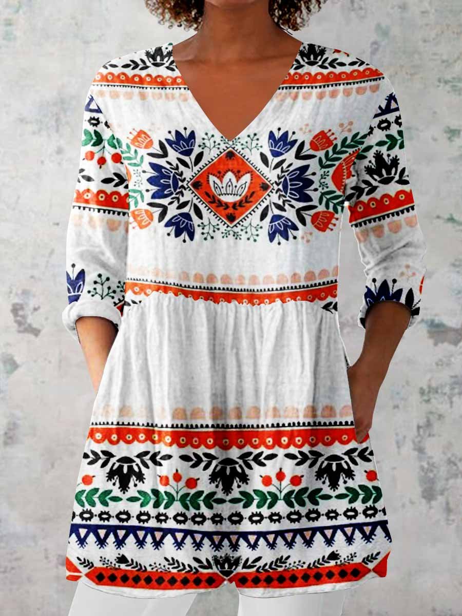 Women's Elegant Geometric Pattern Round Neck Cotton and Linen Top