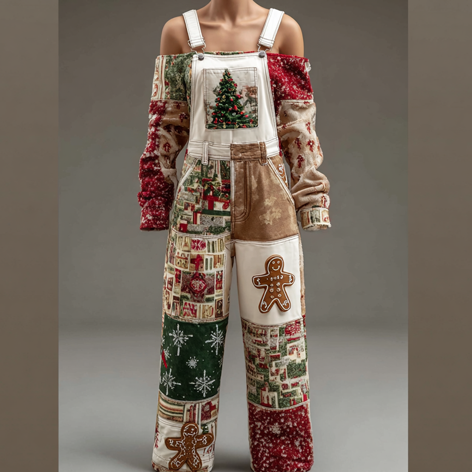 Comstylish Retro Christmas Elements Patch Printed Women's Overalls