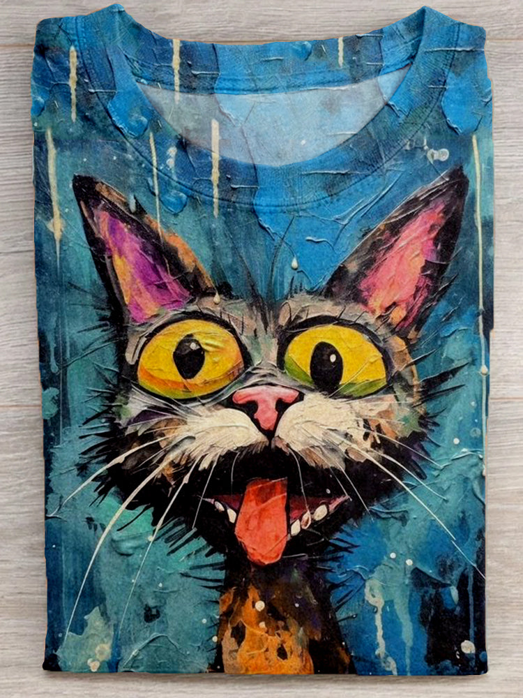 Fantastic Cat Art Print Round Neck T Shirt elevenforest