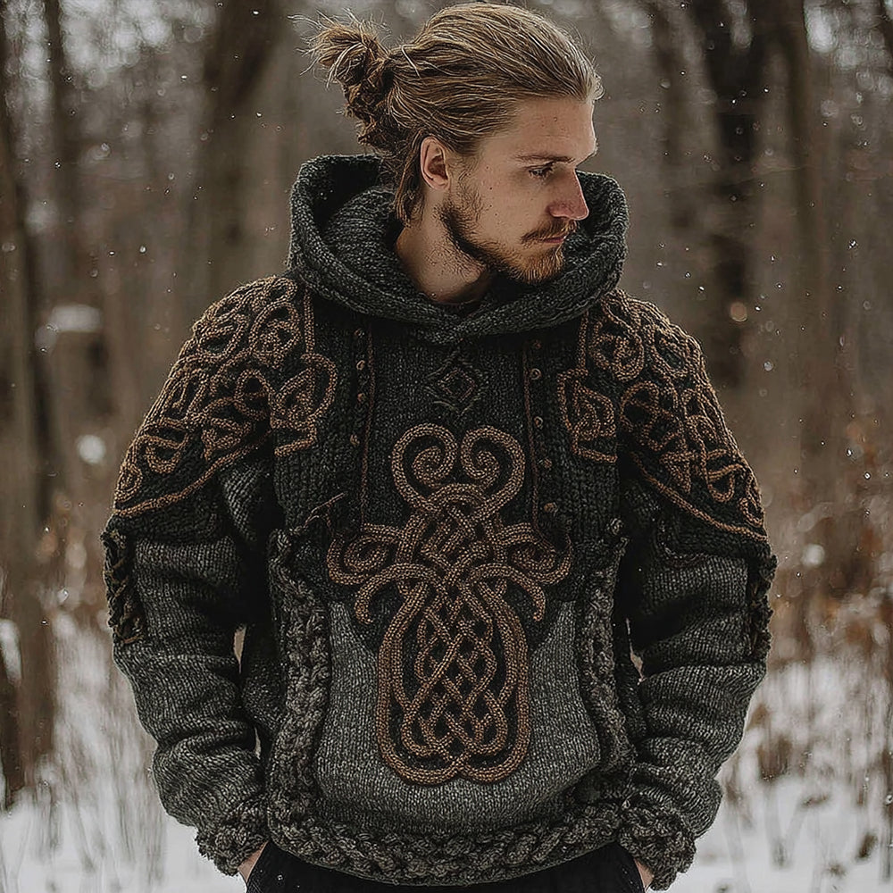 Men's Vintage Viking Celtic Knot Contrast Jacquard Knit Hooded Sweater artswardrobe