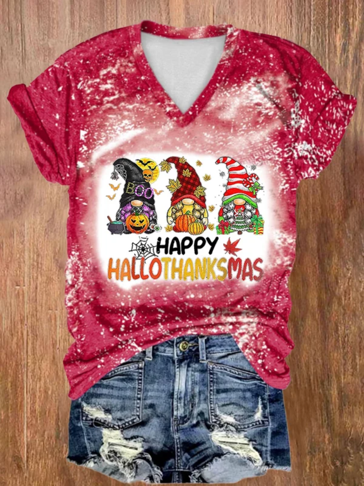 V-neck Tie Dye Happy Hallothanksmas Gnomes Print T-Shirt artswardrobe
