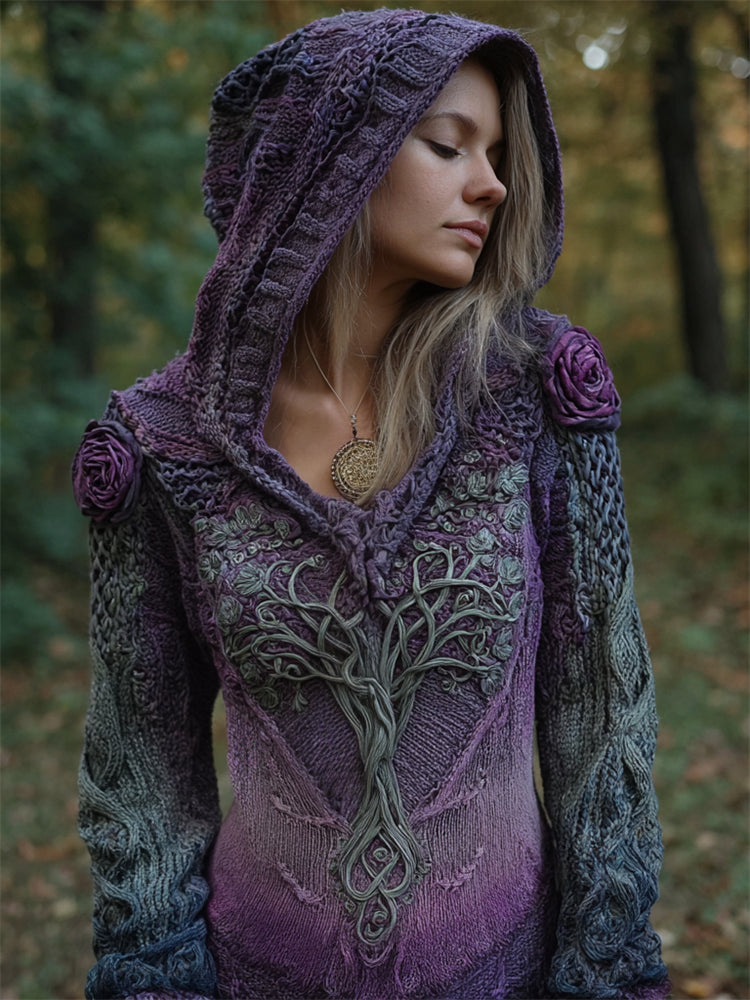 Vintage Purple Roses Tree Of Life Gradient Cozy Hooded Sweater artswardrobe