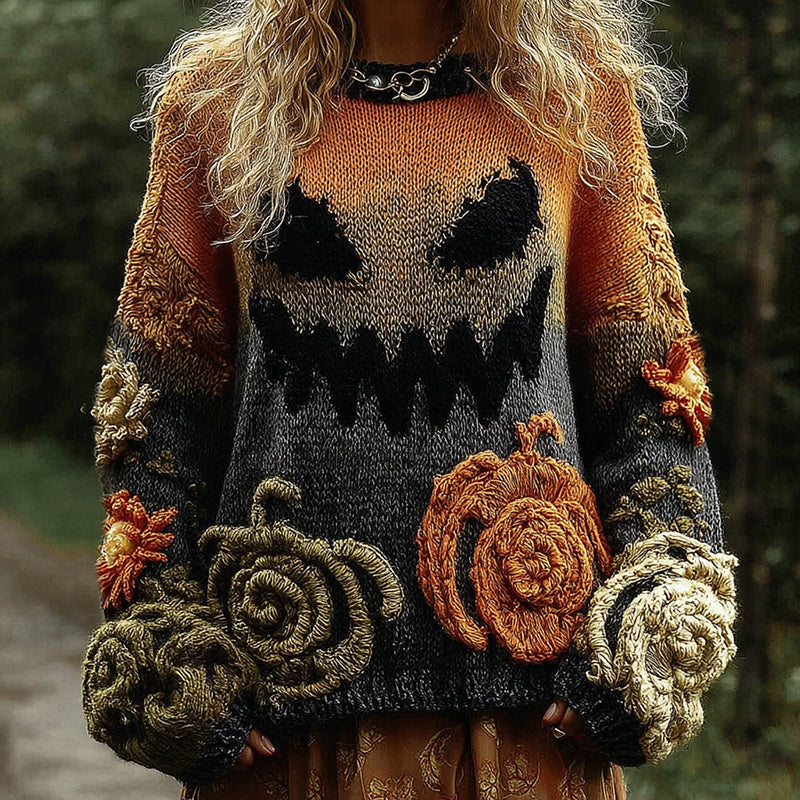 Halloween Pumpkin Evil Face Art Cozy Knit Sweater elevenforest