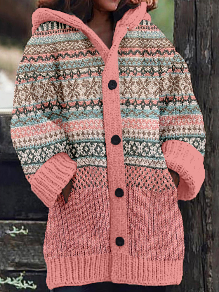 Vintage Icelandic Pattern Cozy Hooded Cardigan elevenforest