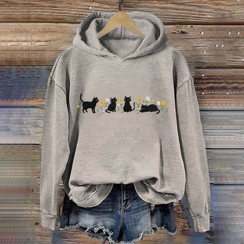 Women's Cute Floral Black Cat Embroidered Print Hoodie elevenforest