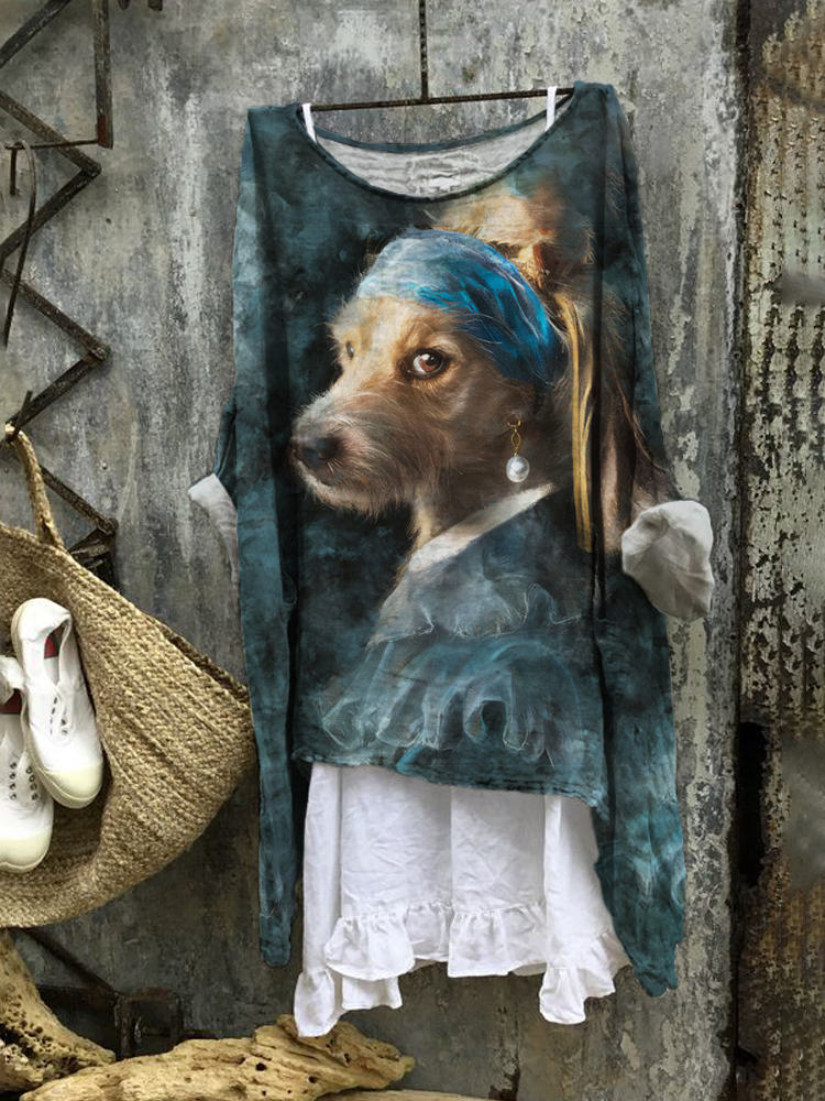 Comstylish Dog with Pearl Earrings Pattern Linen Loose Long Shirt