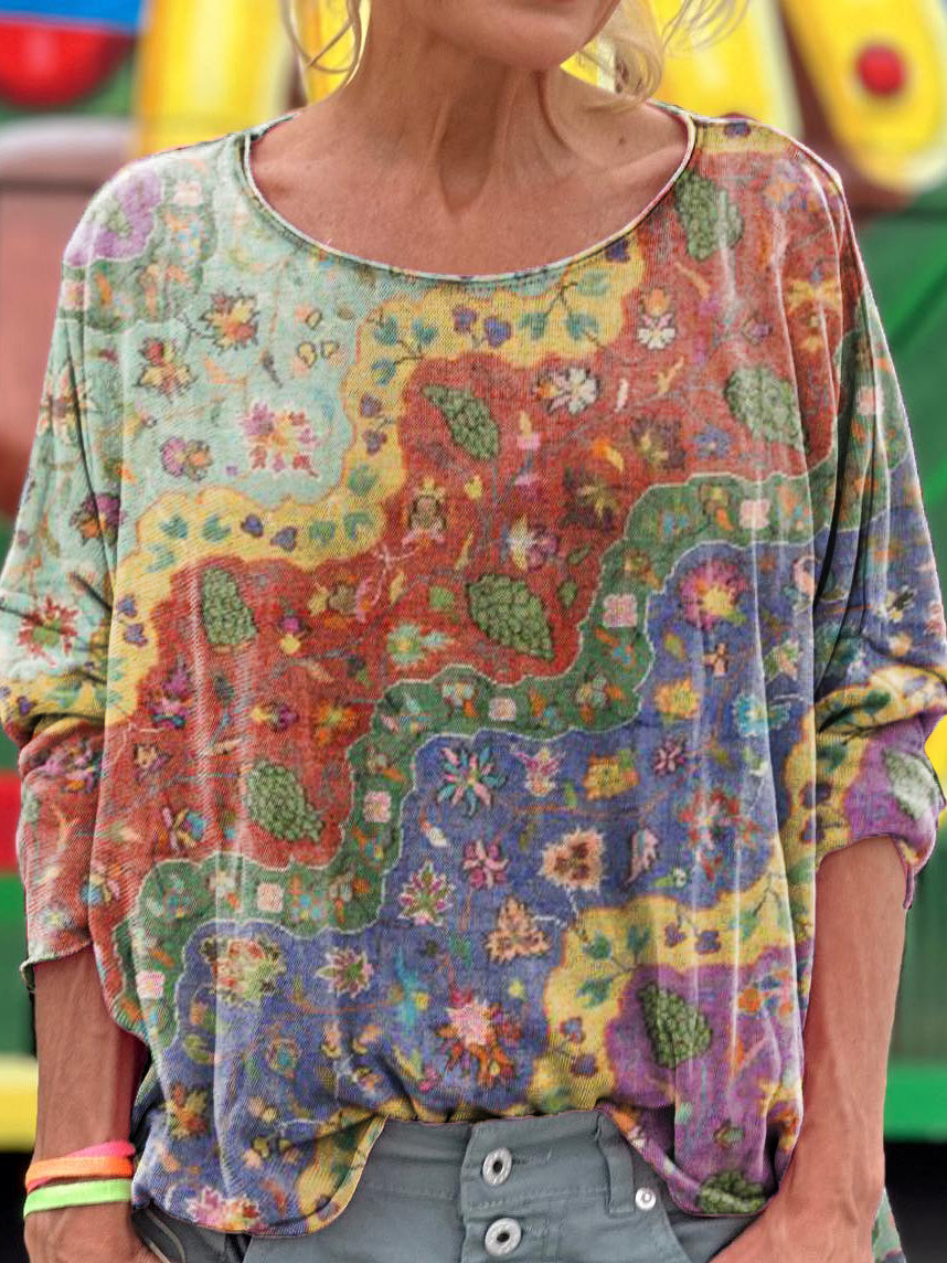 Women's Boho Floral Wave Collage Art Print Casual Long Sleeve T-shirt