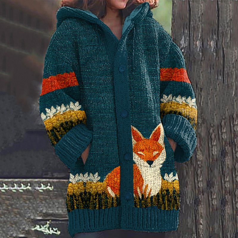 Retro Fall Fox Floral Art Cozy Knit Hooded Cardigan artswardrobe