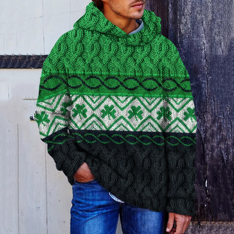 Men's Shamrock Art Patchwork Cozy Hooded Sweater artswardrobe