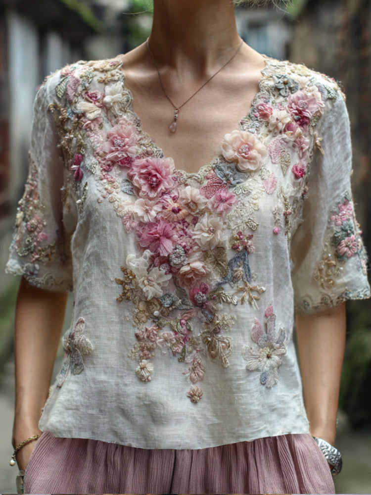 Bohemian Style Pink And White Small Flower Three-dimensional Embroidery Sequin Casual Vintage White V-neck Short-sleeved Shirt artswardrobe