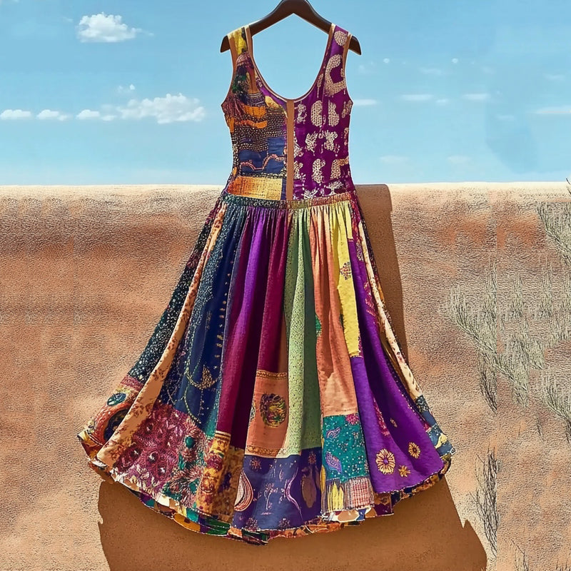 Women's Retro Colorful Holiday Hippie Contrast Color Midi Dress artswardrobe