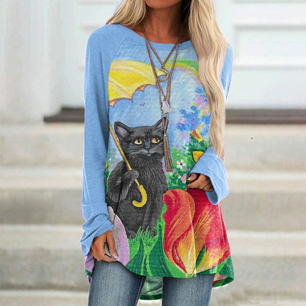 Umbrella Cat Print Women's Round Neck T-Shirt elevenforest