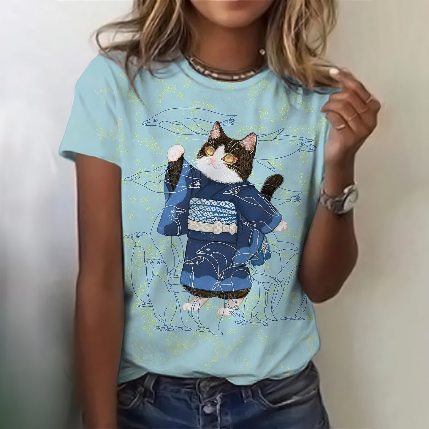 Comstylish Cat In Kimono Fun Penguin T-shirt
