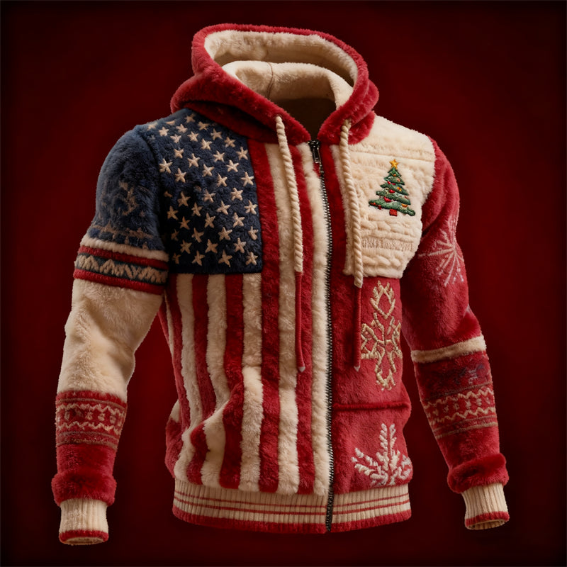 Comstylish Men's Christmas Tree American Flag Colorblock Cozy Full Zip Plush Hoodie