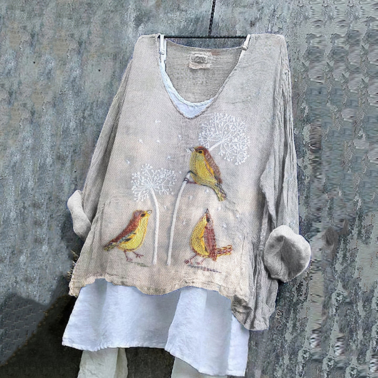 Comstylish Women's Dandelions And Birds Art Loose V-neck Shirt