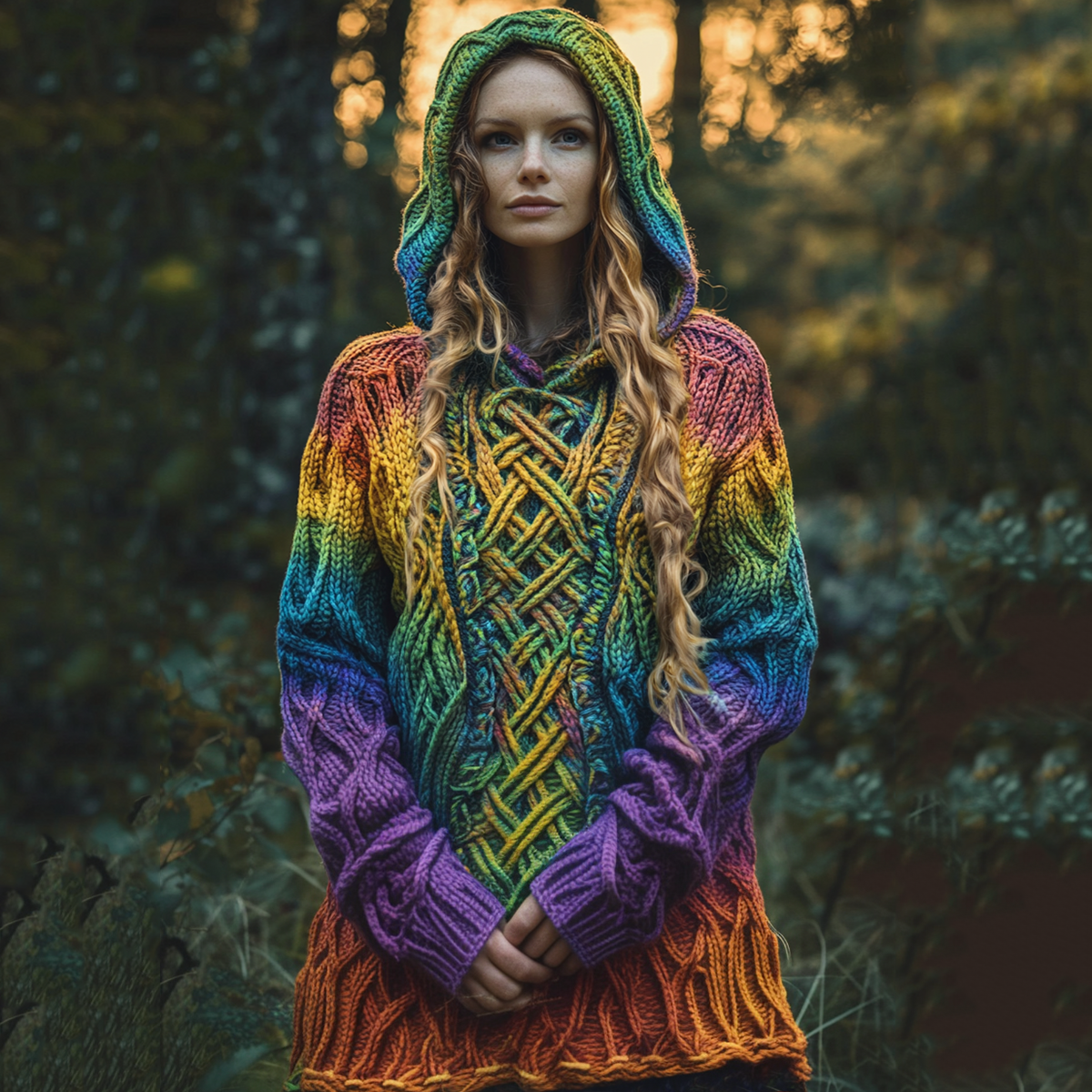 Women's Irish Rainbow Pattern Jacquard Pocket Cozy Hooded Sweater artswardrobe