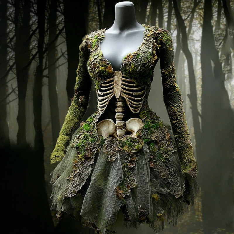 Comstylish Women's Halloween Skull Flowers Moss Witch Midi Dress