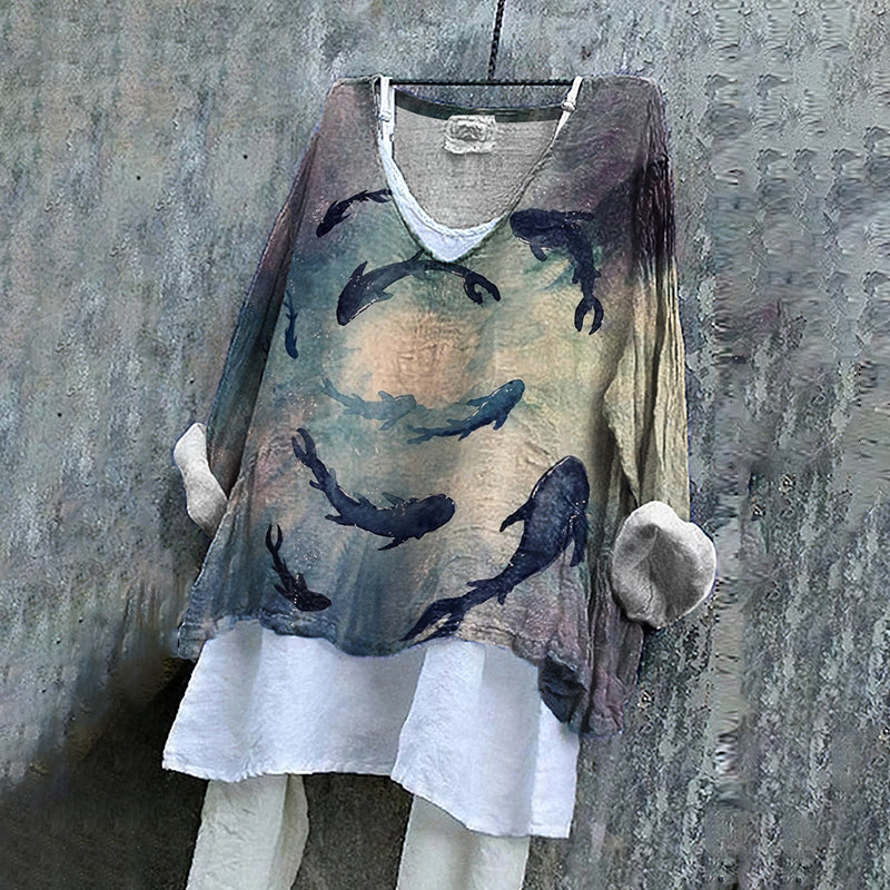 Vintage Fishs Art Pattern Linen Blend Tunic artswardrobe