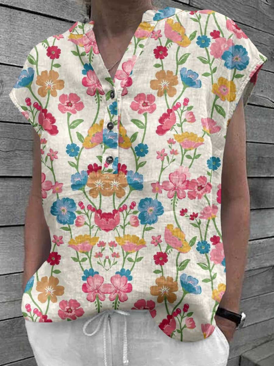 Women's Classic Floral Pattern V-Neck Cotton and LinenTop