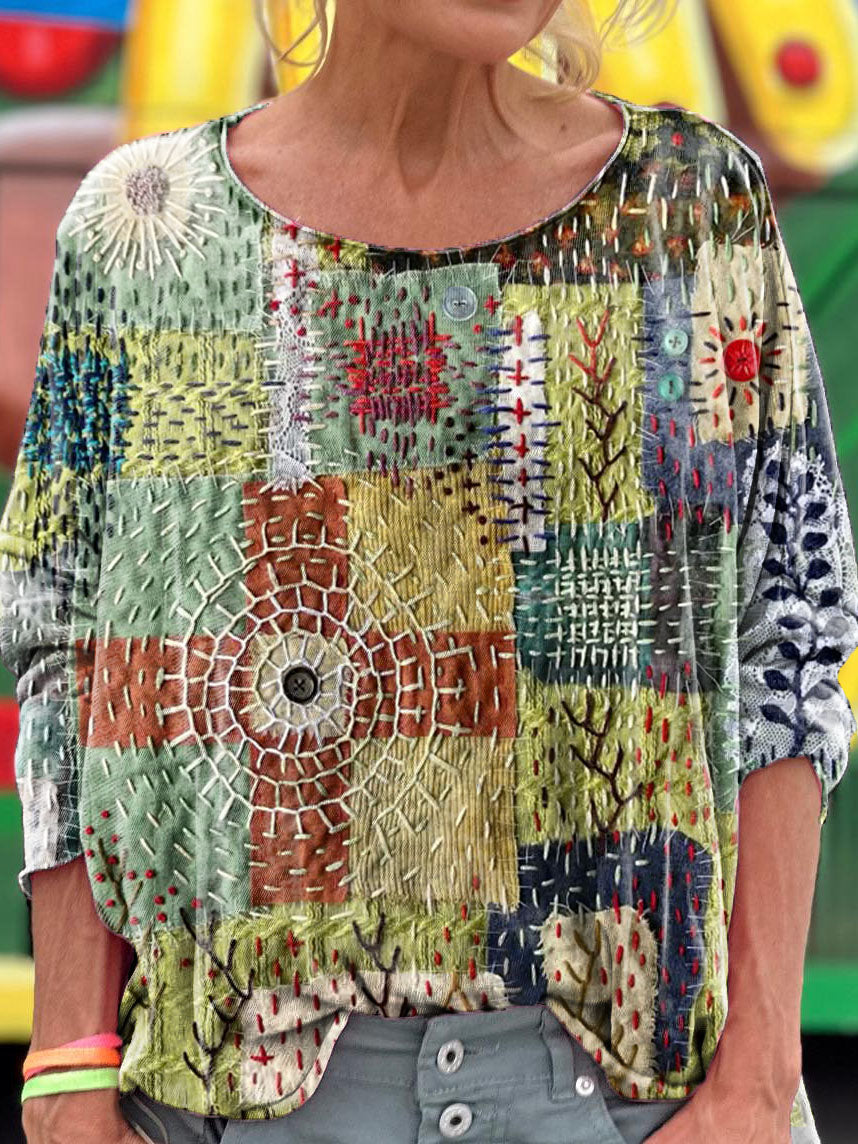 Women's Vintage Ethnic Patchwork Art Print Casual Long Sleeve Top