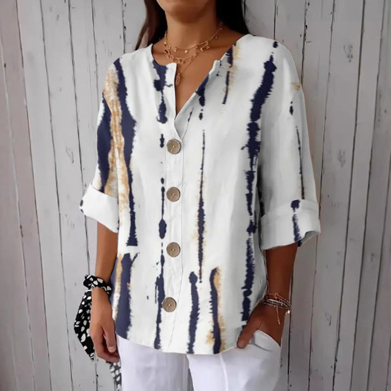 Comstylish Women's Stripe Art Print Button Linen Blend Shirt