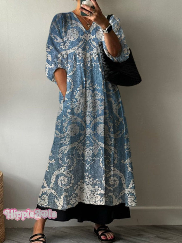 Women's Vintage Lovely Floral Art Print Pocket V-neck Cotton Dress