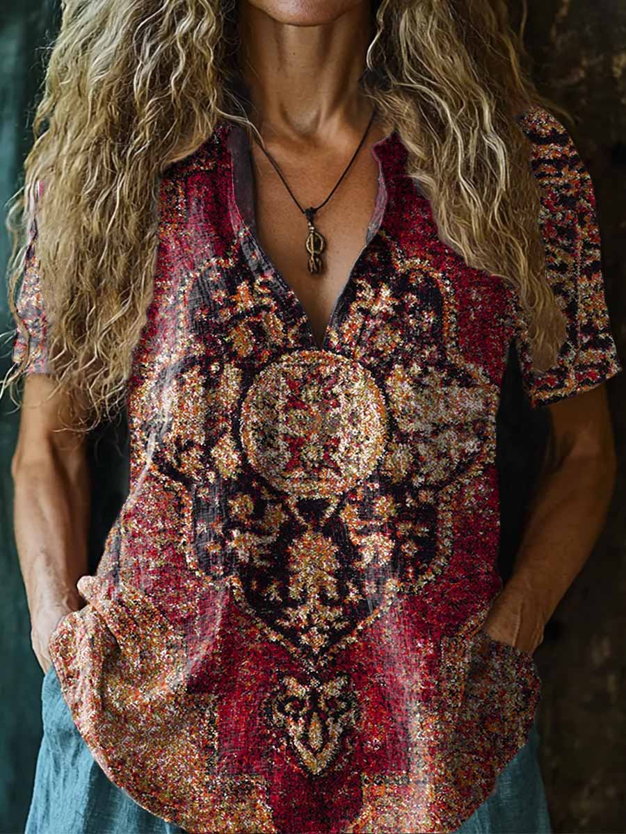 Women's Vintage Ethnic Style Tattoo Pattern Art Print Casual Short Sle