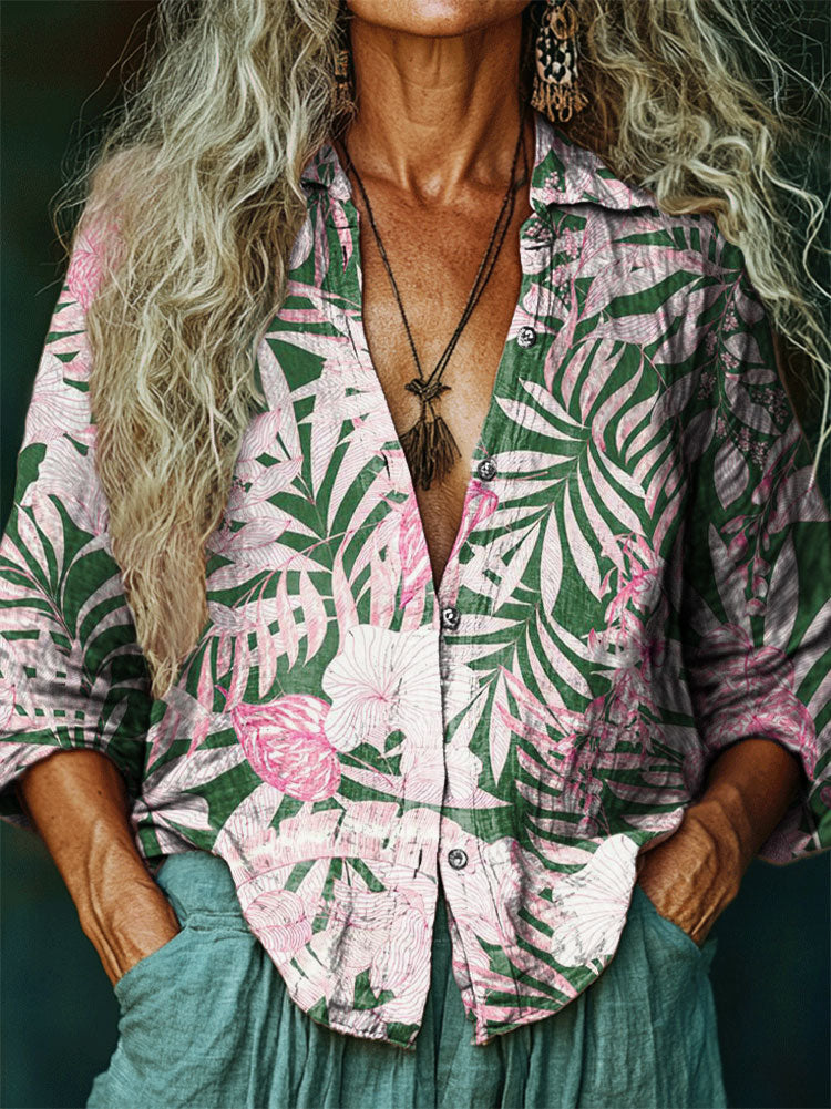 Women's Hippie Art Floral Print V-Neck Shirt