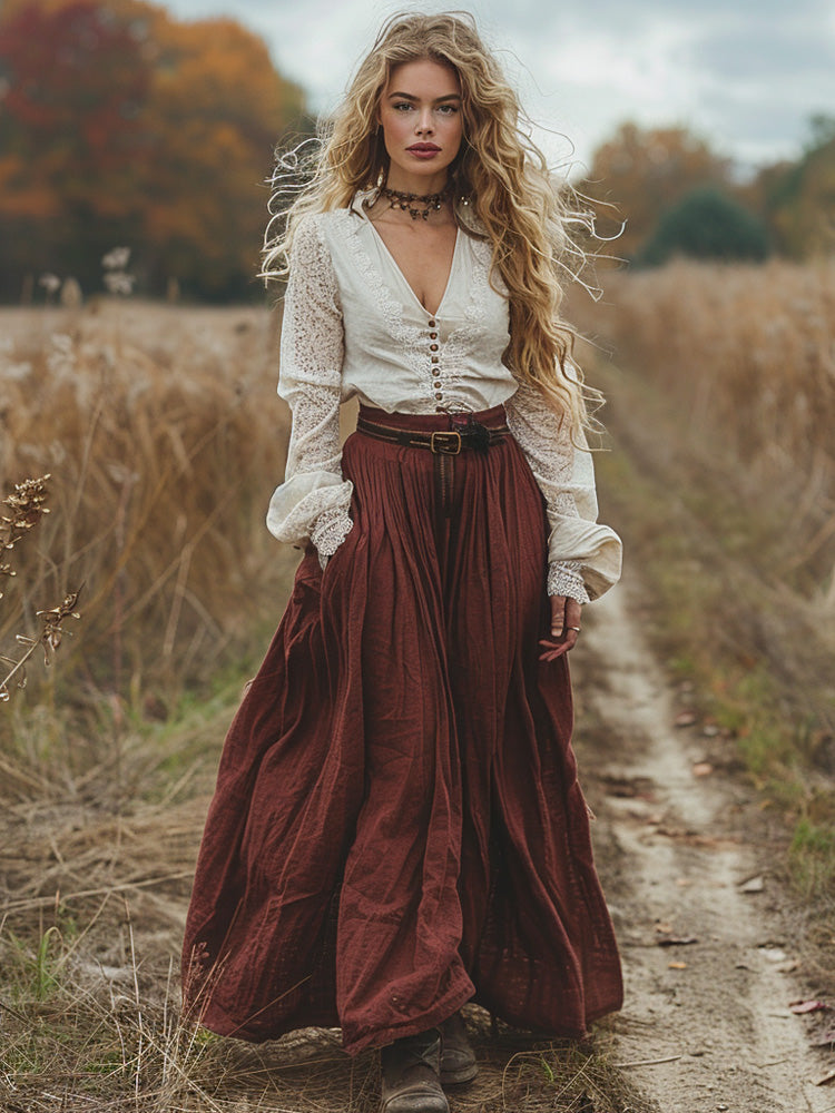 Women's Retro Pastoral Cotton And Linen Solid Color Skirt artswardrobe