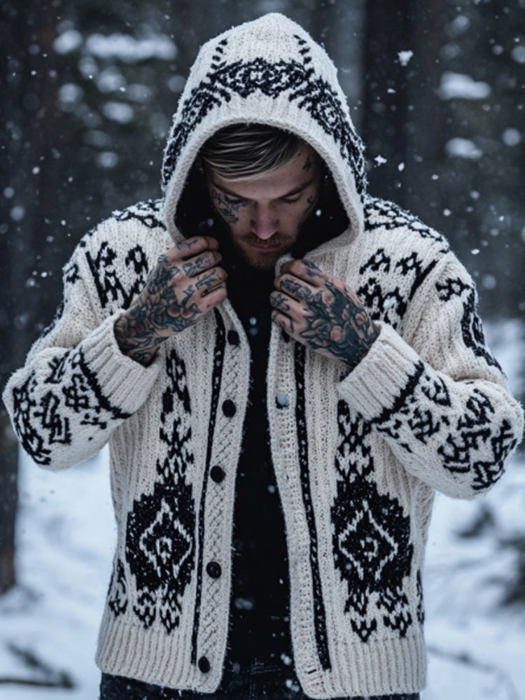 Men's Retro Viking Tribal Celtic Contrast Patchwork Chunky Hooded Cardigan Sweater artswardrobe