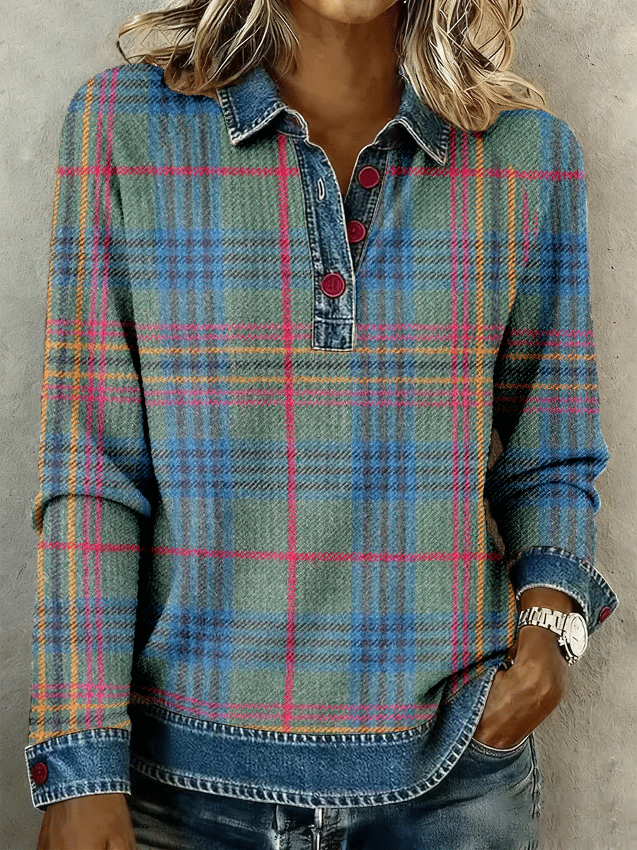 Women'S Casual Lapel Contrast Color Stitching Plaid Top