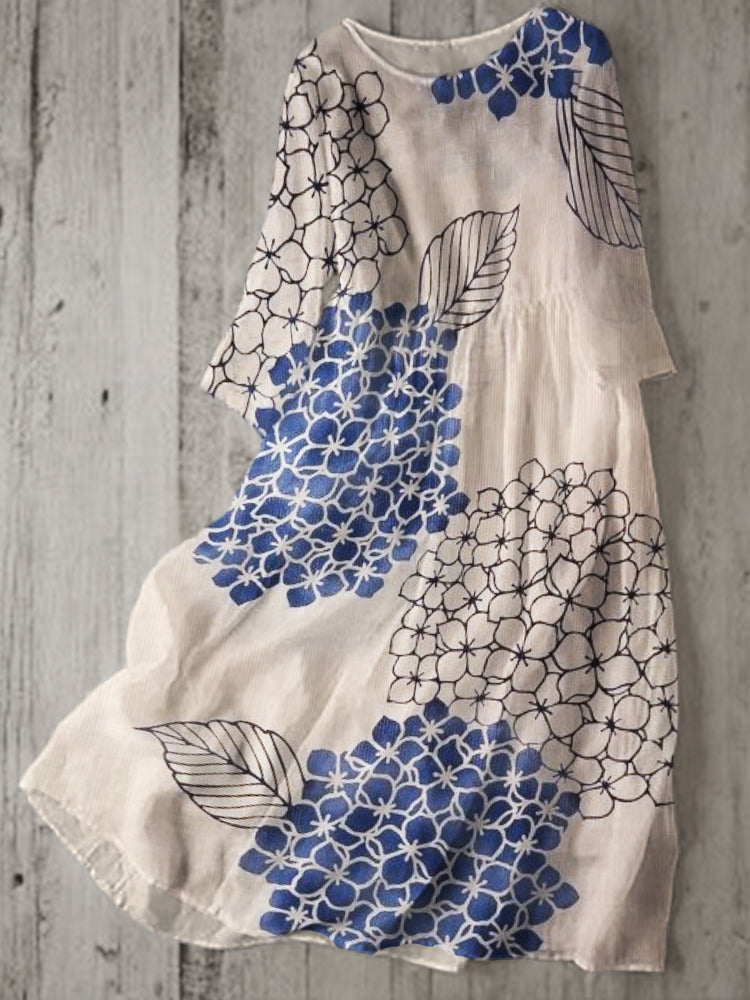 Hydrangea Floral Japanese Art Linen Blend Flowy Dress