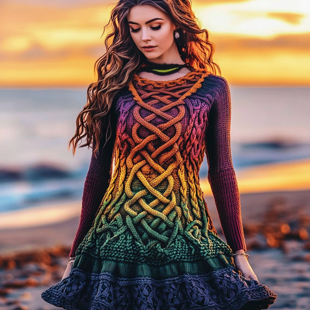 Women's Irish Rainbow Pattern Jacquard Comfortable Round Neck Swing Dress elevenforest