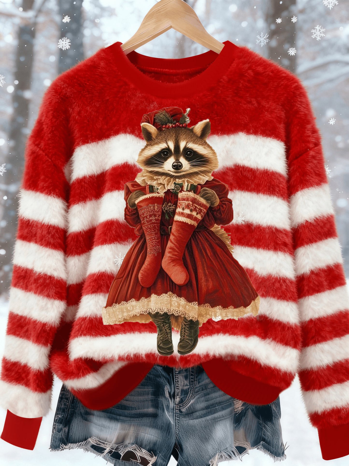 Comstylish Women's Christmas Striped Elegant Raccoon Pattern Sweatshirt