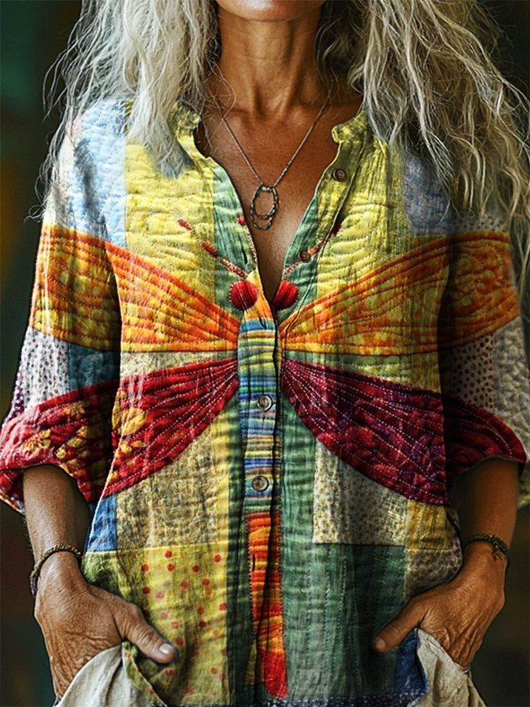 Women's Vintage Bohemian Dragonfly Patchwork Art Print Casual Cotton L