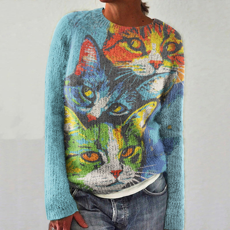 Vintage Colorful Cat Family Art Graphics Crew Neck Cozy Sweater elevenforest