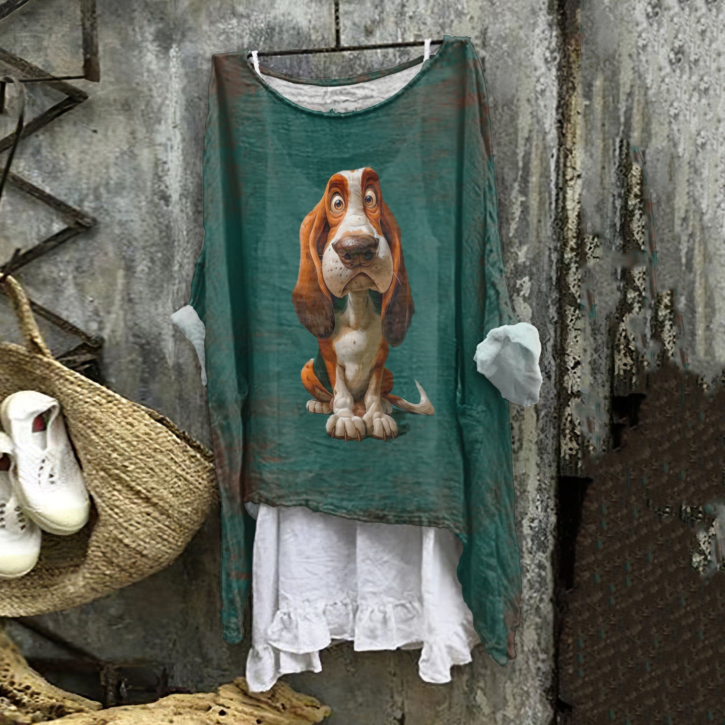 Comstylish Abstract Creative Whimsical Dog Painting Art Pattern Linen Blend Flowy Tunic