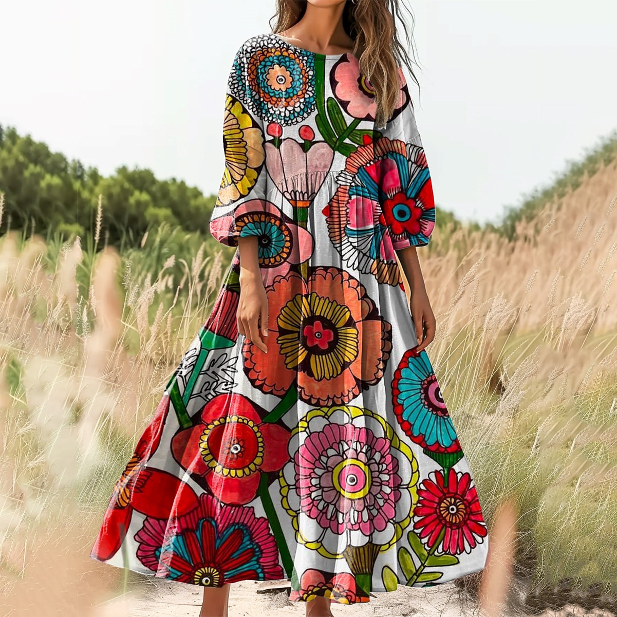 Women's Floral Art Print Cotton Crew Neck Dress