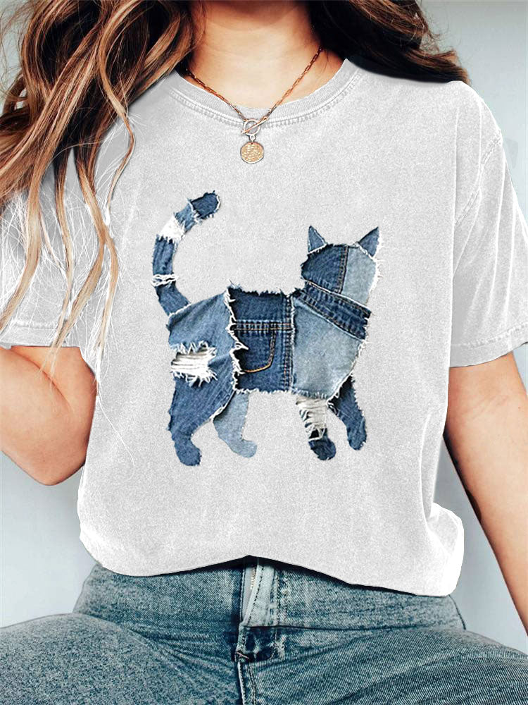 Women's Casual Funny Denim Cat Print T-shirt artswardrobe