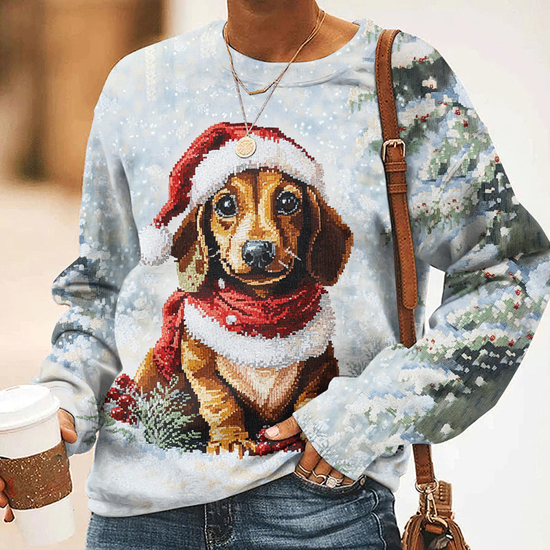 Comstylish Christmas Dog Print Crew Neck Sweatshirt