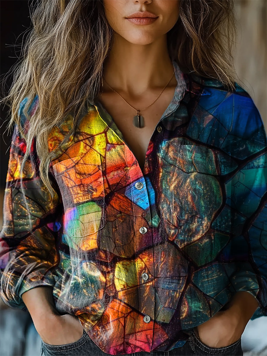 Women's Stained Glass Art Patterns Print Long Sleeve Comfortable Cotto