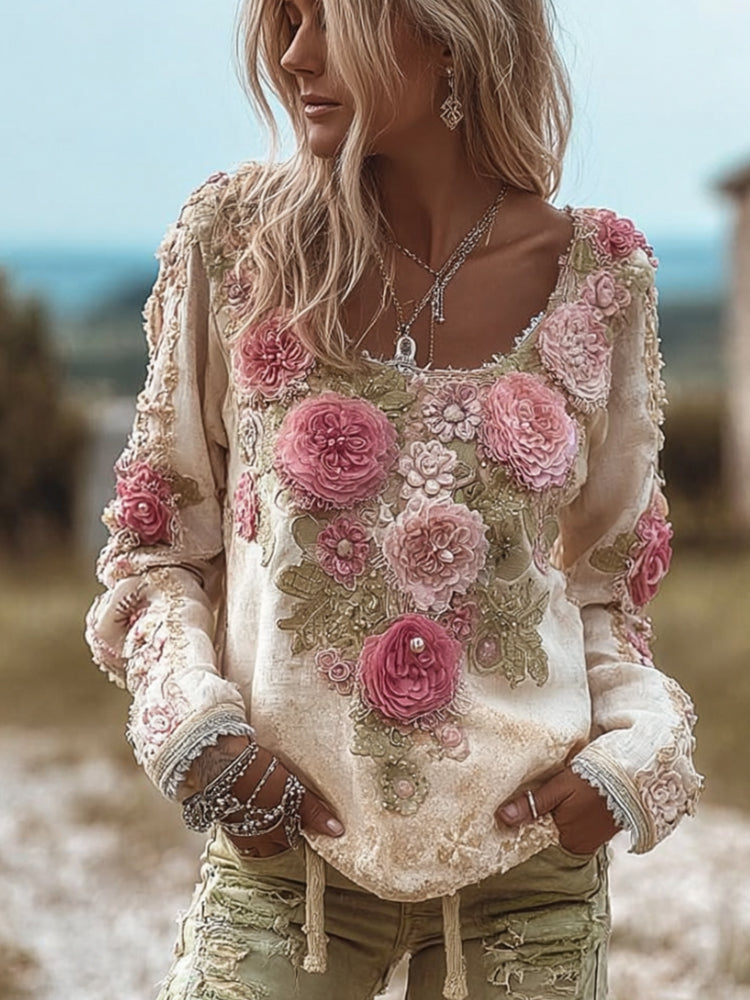 Comstylish Women's Romantic Pink Rose Vintage Casual Long-sleeved Top