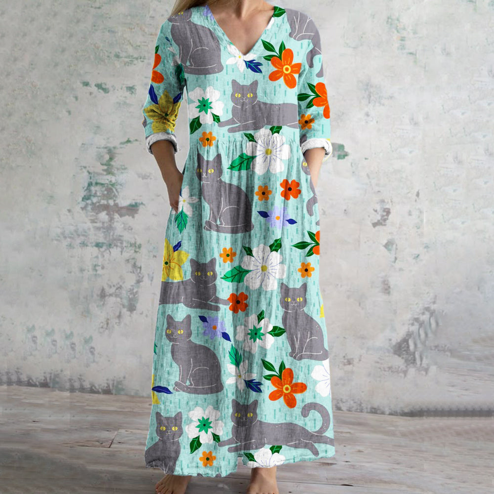 Comstylish Summer Floral & Cat Print Women's Linen Maxi Dress