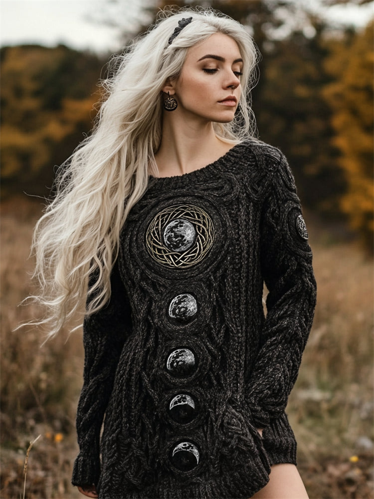 Moon Phase Embroidered Mystical Celtic Chunky Sweater Dress artswardrobe