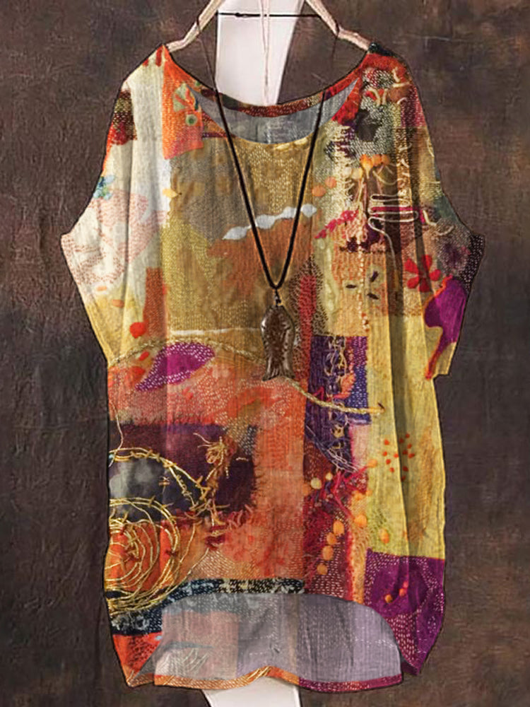 Vintage Boho Floral Patchwork Printed Women's Linen Flowy Shirt artswardrobe