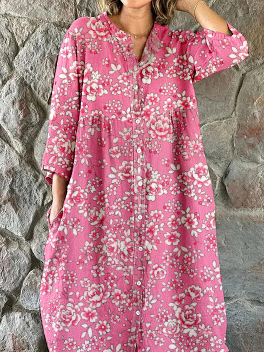 Women's Elegant Vintage Rose Floral Pattern Shirt Style Cotton and Lin