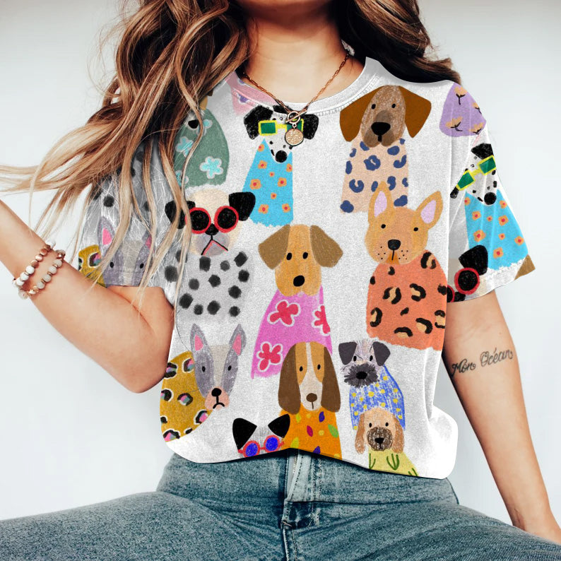 Comstylish Funny Colorful Puppy Print Casual Short Sleeve T-Shirt