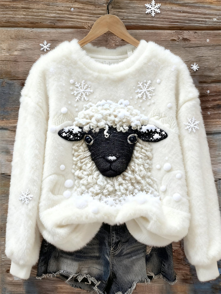 Farm Sheep & Snow Embroidered Cozy Plush Sweatshirt