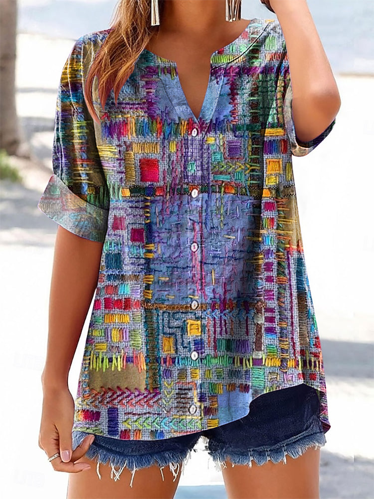 Women's Retro Ethnic Patchwork Art Pattern Print Casual Cotton And Lin